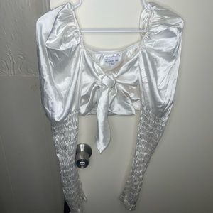 Vintage white / cream fringe cropped tie front blouse .